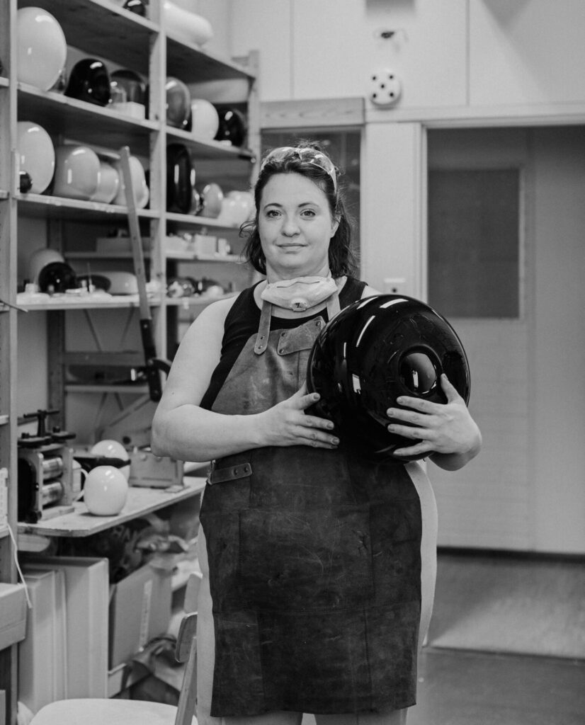 Milla Vaahtera is a designer and artist best known for her unique pieces combining bold glass parts with delicate brass.On a winter’s day earlier this year we visited her studio in an old elementary school building in Helsinki, where she assembles her pieces.